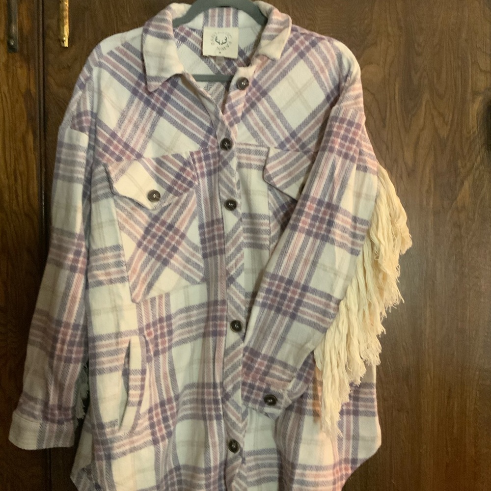Fantastic Fawn Purple and White Plaid Shacket with Fringe